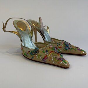 Rene Caovilla Gold Cinderella Slingbacks with Ornate Beading, EU 40